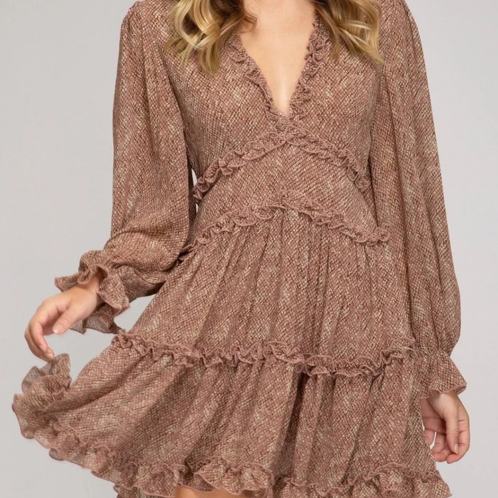 She + Sky Long Sleeve V Neck Printed Tiered Dress